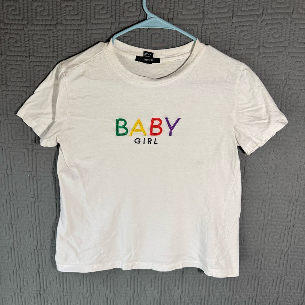 Forever 21 T-Shirt Women’s Size Small White Baby Girl Short Sleeve